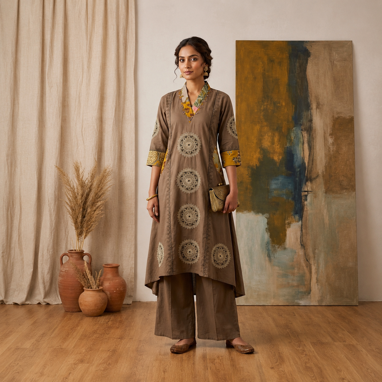 Plain Cotton Dhabu Block & Ajrakh Patch Mirror Work A-Line Palazzo Set for Women CAC-KL-PC-B-3066