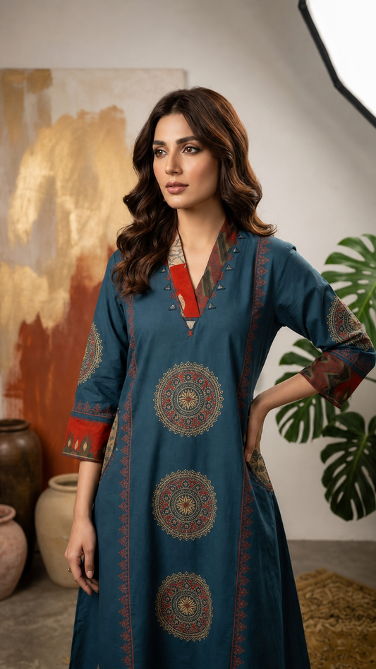 Navy Blue Plain Cotton Dhabu Block & Ajrakh Patch Mirror Work A-Line Palazzo Set CAC-KL-PC-NB-3066