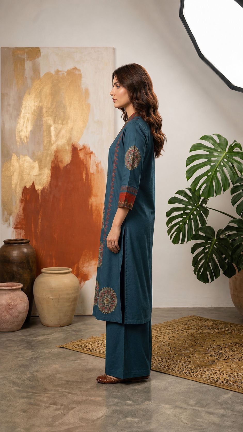 Navy Blue Plain Cotton Dhabu Block & Ajrakh Patch Mirror Work A-Line Palazzo Set CAC-KL-PC-NB-3066
