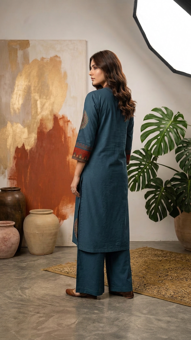 Navy Blue Plain Cotton Dhabu Block & Ajrakh Patch Mirror Work A-Line Palazzo Set CAC-KL-PC-NB-3066