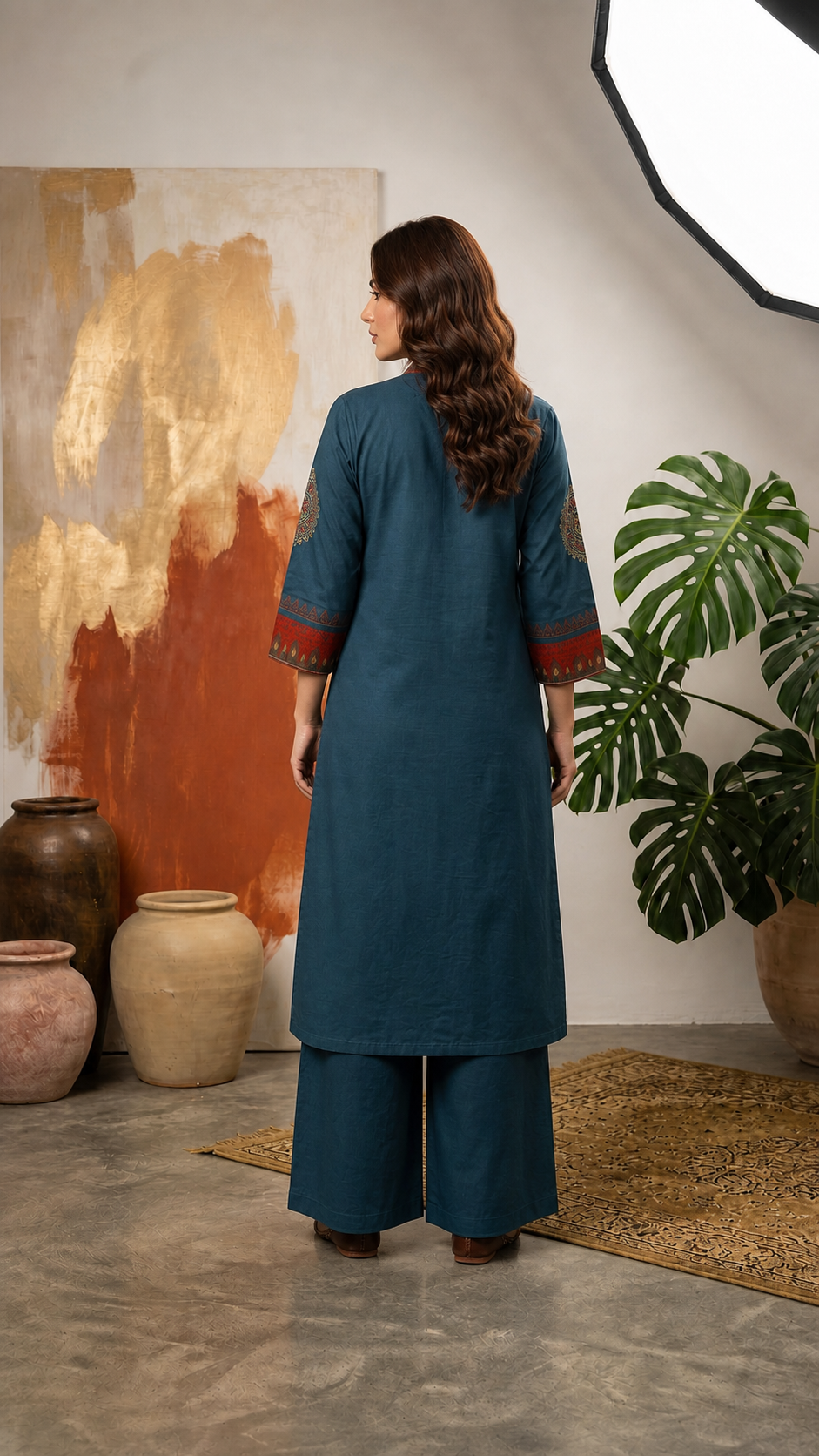 Navy Blue Plain Cotton Dhabu Block & Ajrakh Patch Mirror Work A-Line Palazzo Set CAC-KL-PC-NB-3066