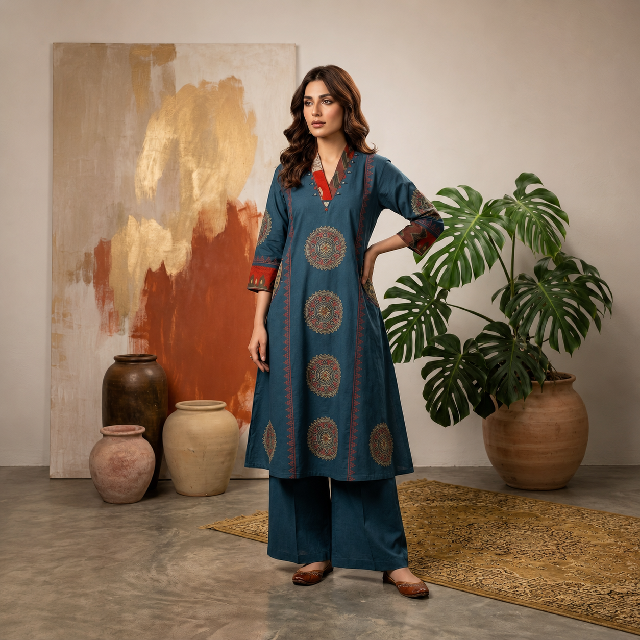 Navy Blue Plain Cotton Dhabu Block & Ajrakh Patch Mirror Work A-Line Palazzo Set CAC-KL-PC-NB-3066
