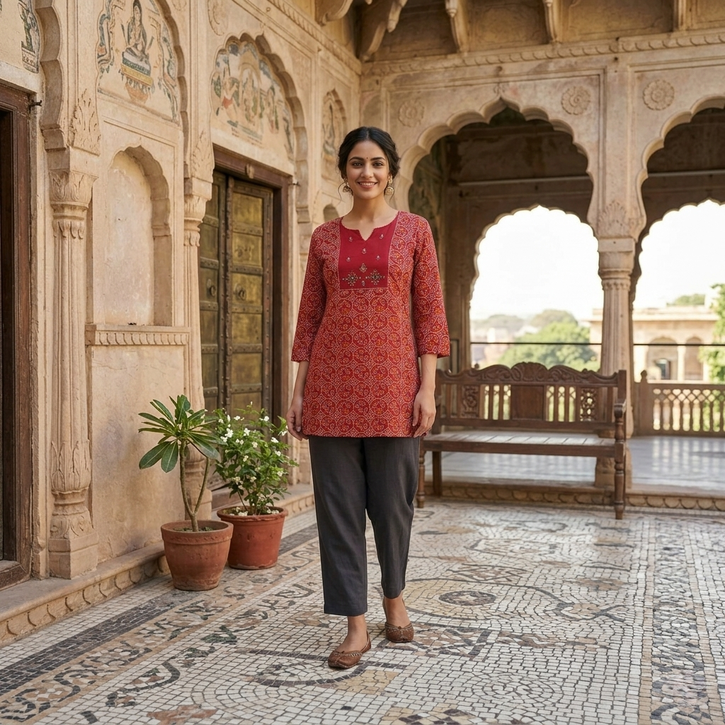 Rust Red Bandhani Modal Short Kurti for Women CAC-KS-BM-R-142