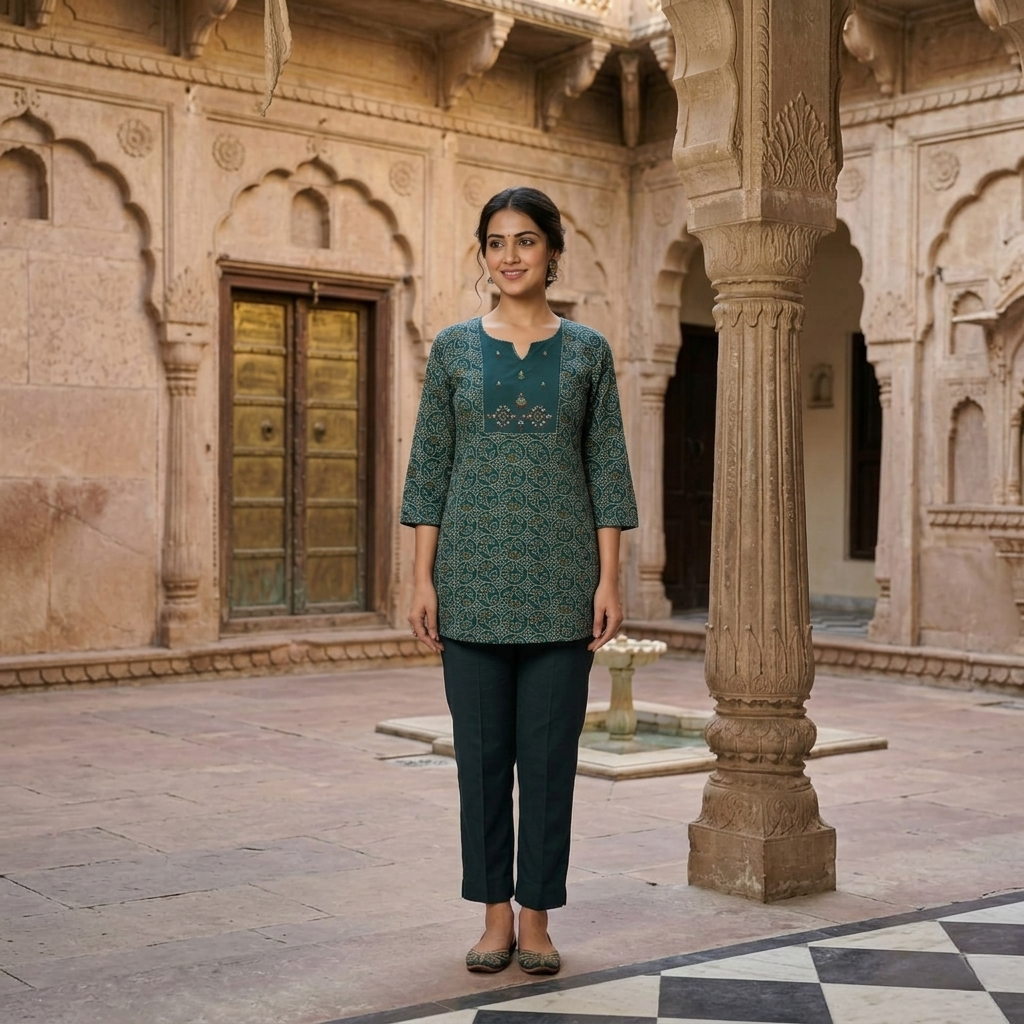 Green Bandhani Modal Short Kurti for Women CAC-KS-BM-G-142