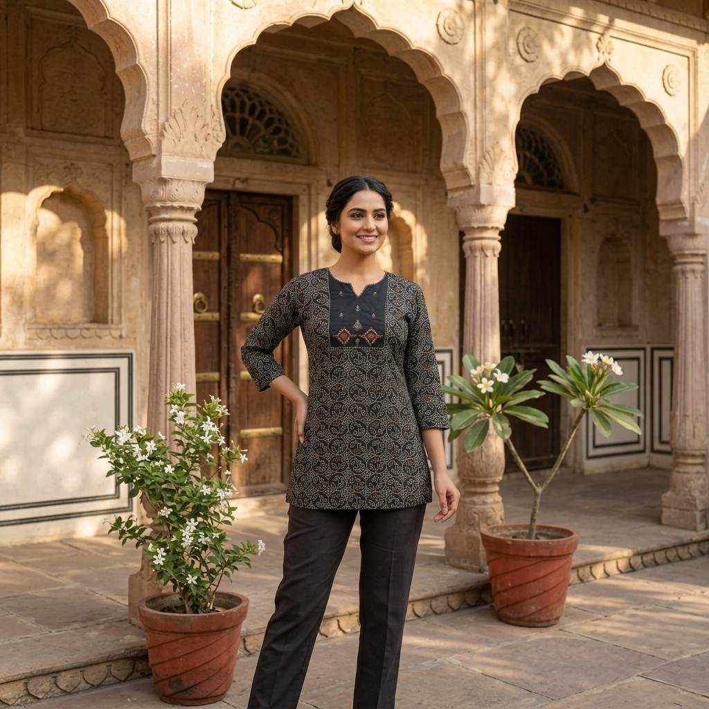 Black Bandhani Modal Short Kurti for Women CAC-KS-BM-B-142