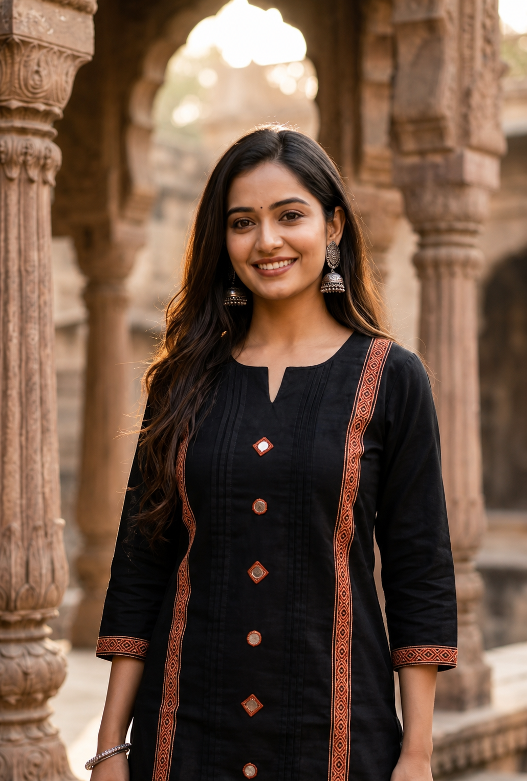 Cotton Dhabu Mirror Work Short Kurti for Women | Black CAC-KS-CD-B-181