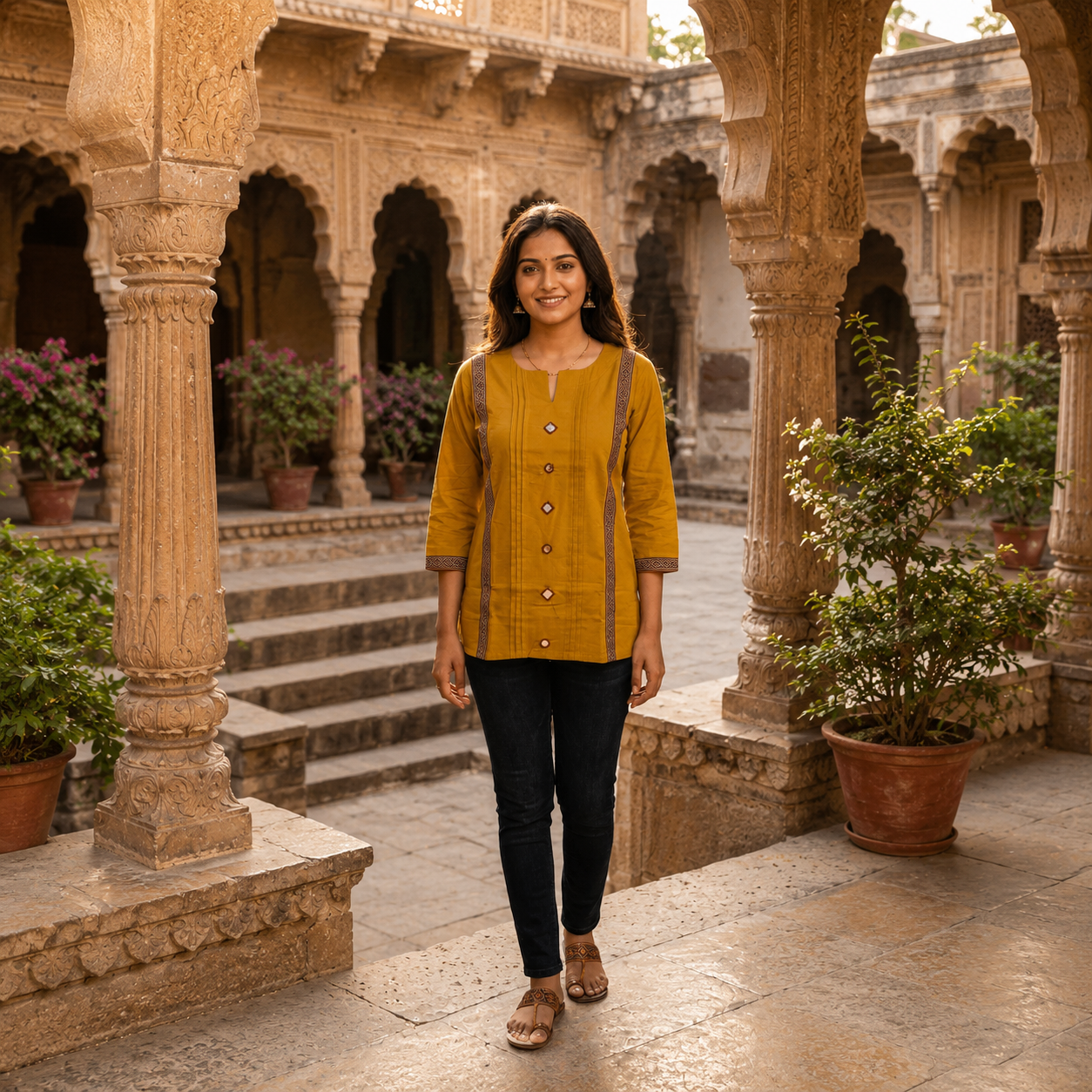 Cotton Dhabu Mirror Work Short Kurti for Women | Mustard Yellow CAC-KS-CD-Y-181