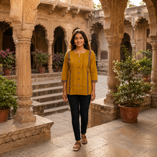 Cotton Dhabu Mirror Work Short Kurti for Women | Mustard Yellow CAC-KS-CD-Y-181