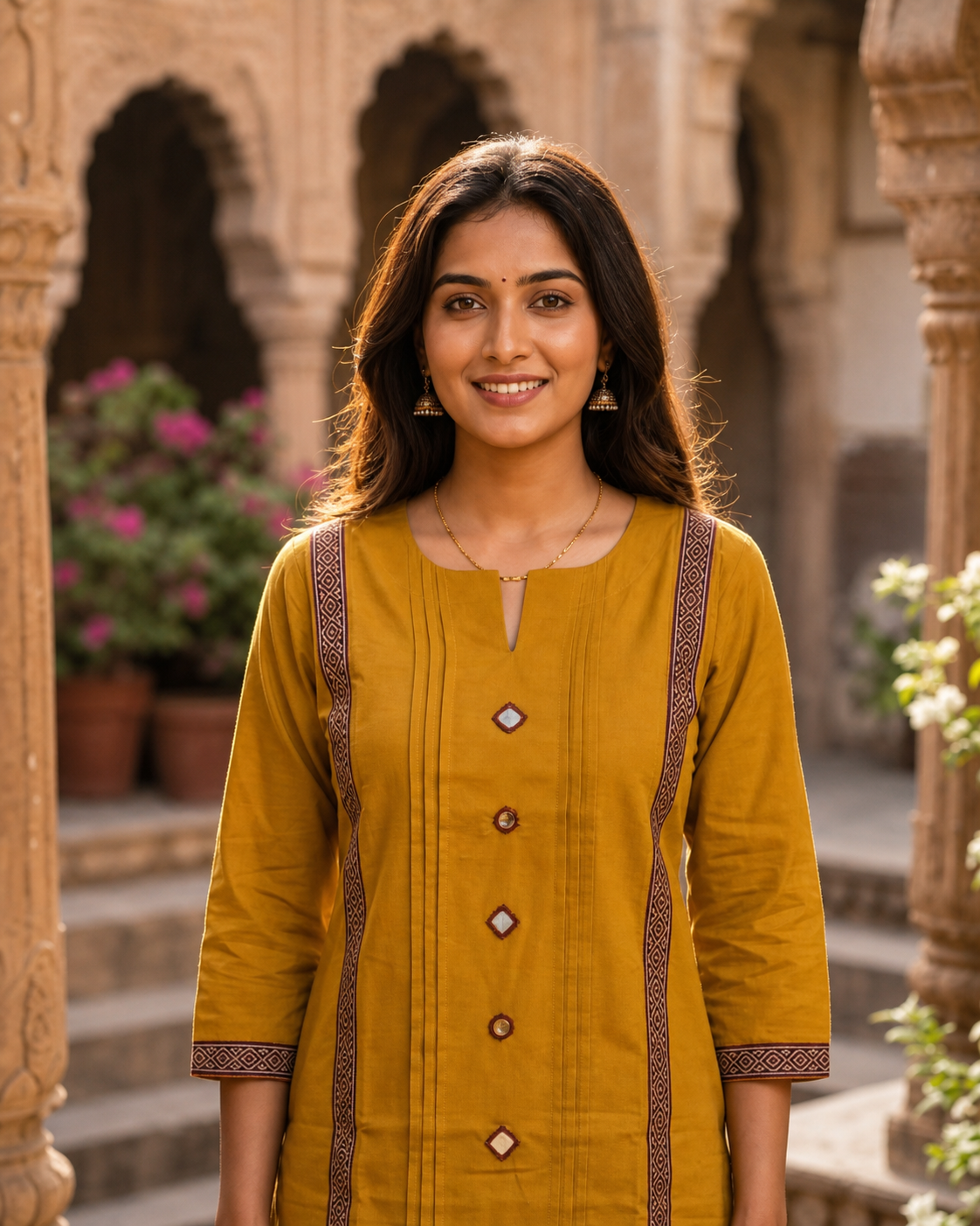 Cotton Dhabu Mirror Work Short Kurti for Women | Mustard Yellow CAC-KS-CD-Y-181