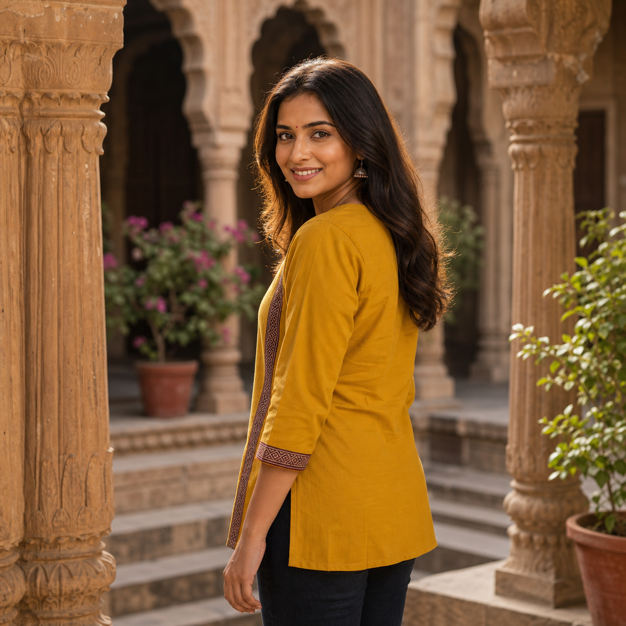 Cotton Dhabu Mirror Work Short Kurti for Women | Mustard Yellow CAC-KS-CD-Y-181