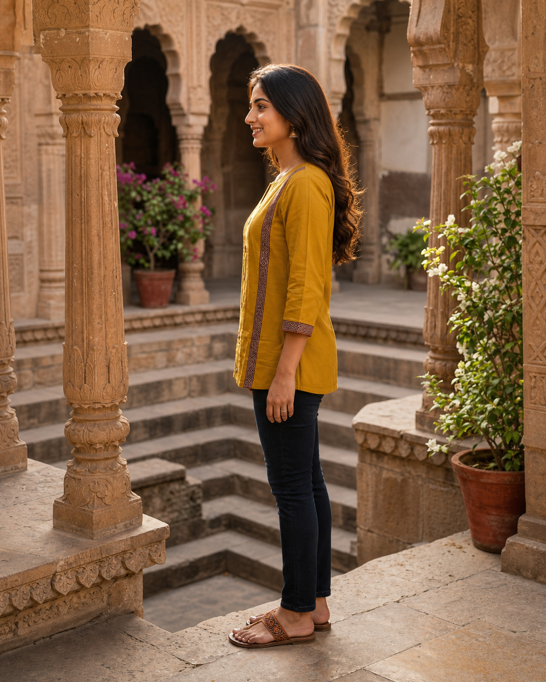 Cotton Dhabu Mirror Work Short Kurti for Women | Mustard Yellow CAC-KS-CD-Y-181