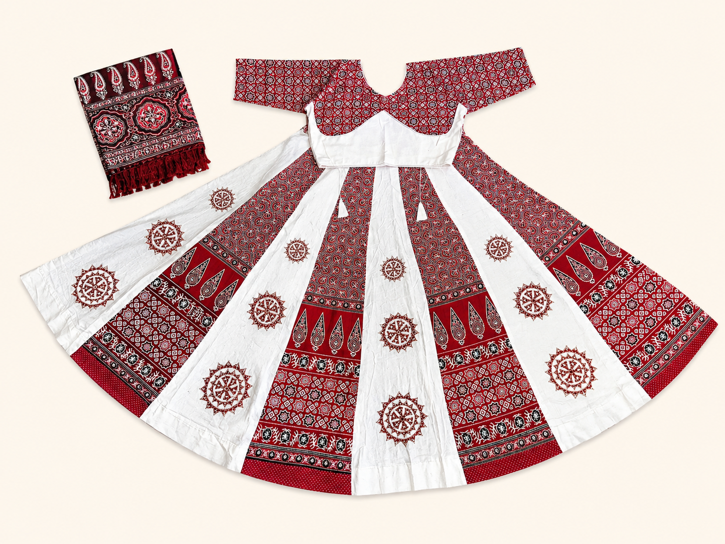 Ajrakh Chakar Pech Chaniya Choli Set with Printed Dupatta  White & Deep Maroon SKU CAC-CC-ACP-WDM-1-4