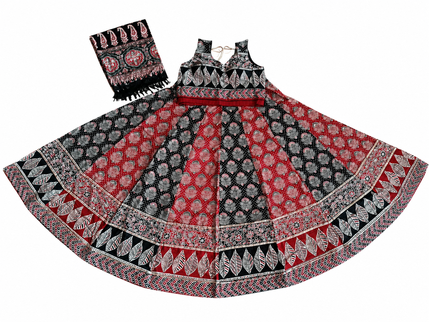 Maroon & Black Ajrakh Kali Chaniya Choli Set with Printed Dupatta SKU CAC-CC-AK-MB-3-3
