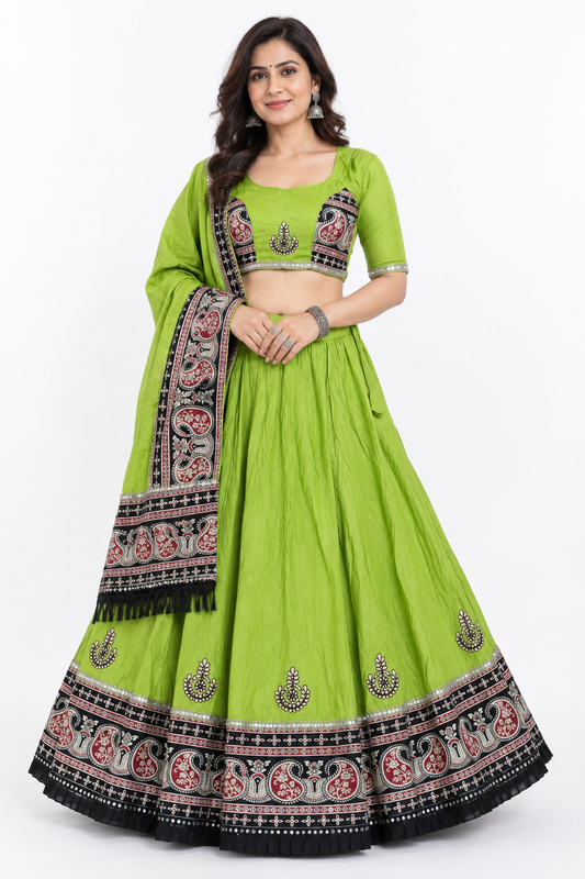 Olive Green Ajrakh Gota Patti Chaniya Choli with Printed Dupatta SKU CAC-CC-AGP-OG-2-2