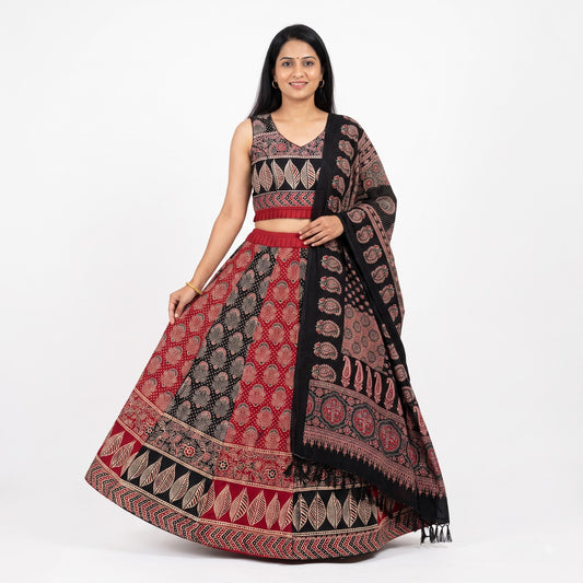 Maroon & Black Ajrakh Kali Chaniya Choli Set with Printed Dupatta SKU CAC-CC-AK-MB-3-3