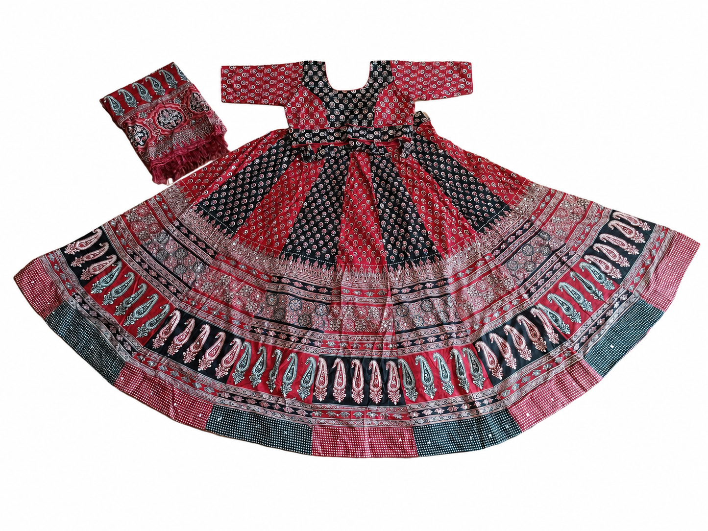 Maroon & Black Ajrakh Kali Chaniya Choli Set with Printed Dupatta SKU CAC-CC-AK-MB-3-1