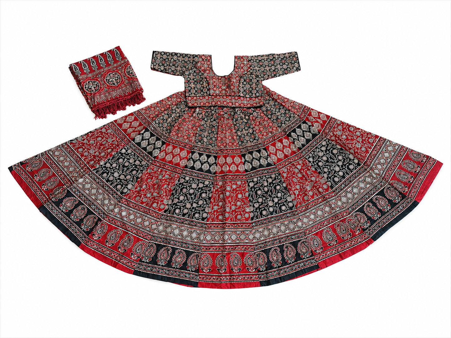 Maroon & Black Ajrakh Kali Chaniya Choli Set with Printed Dupatta SKU CAC-CC-AK-MB-3-2