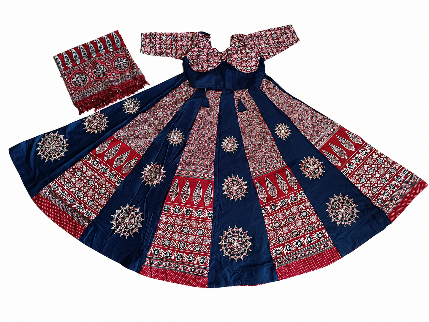 Ajrakh Chakar Pech Printed Chaniya Choli Set with Printed Dupatta  Navy Blue & Maroon SKU CAC-CC-ACP-NBM-1-1