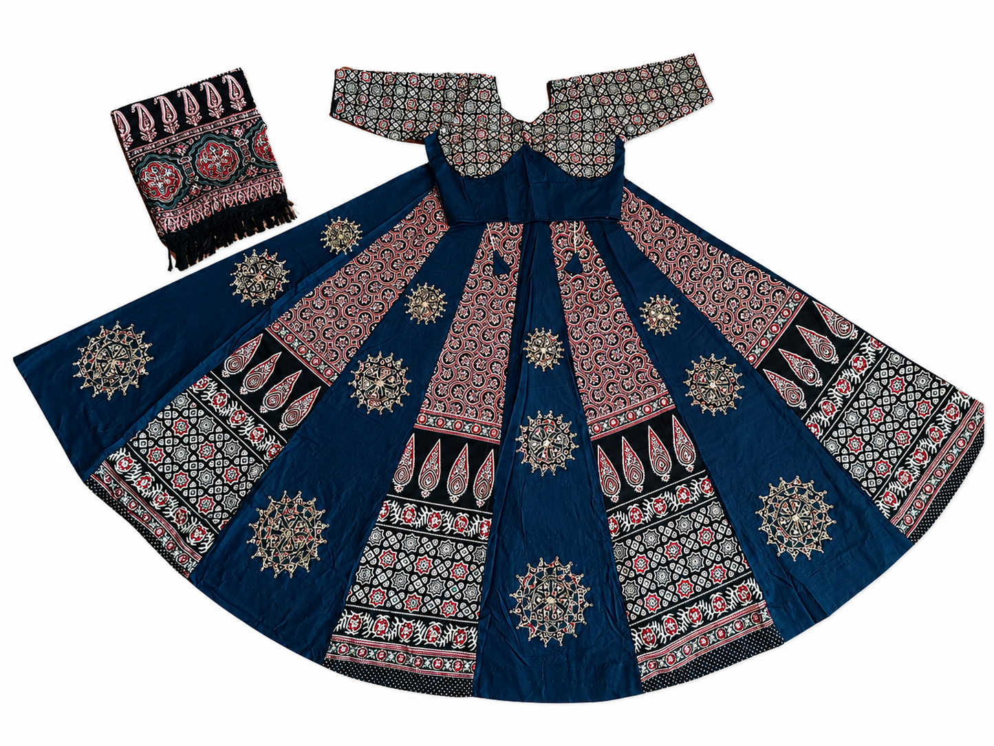Ajrakh Chakar Pech Chaniya Choli Set with Printed Dupatta  Teal Blue & Black SKU CAC-CC-ACP-TBB-1-2