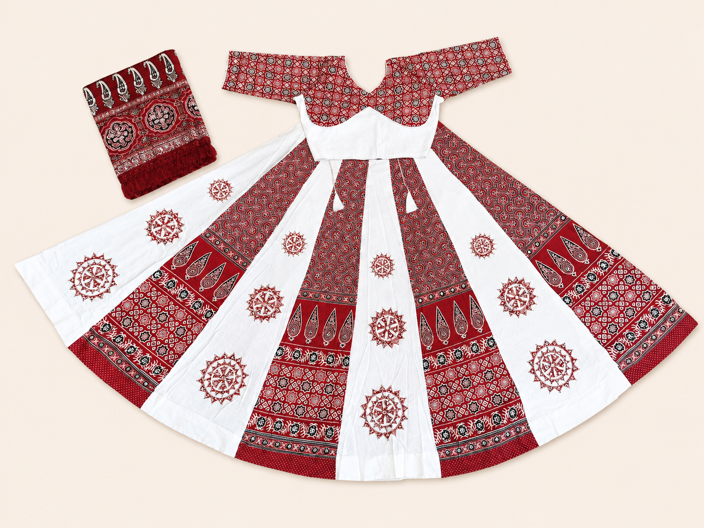 Ajrakh Chakar Pech Chaniya Choli Set with Printed Dupatta  White & Maroon SKU CAC-CC-ACP-WM-1-3