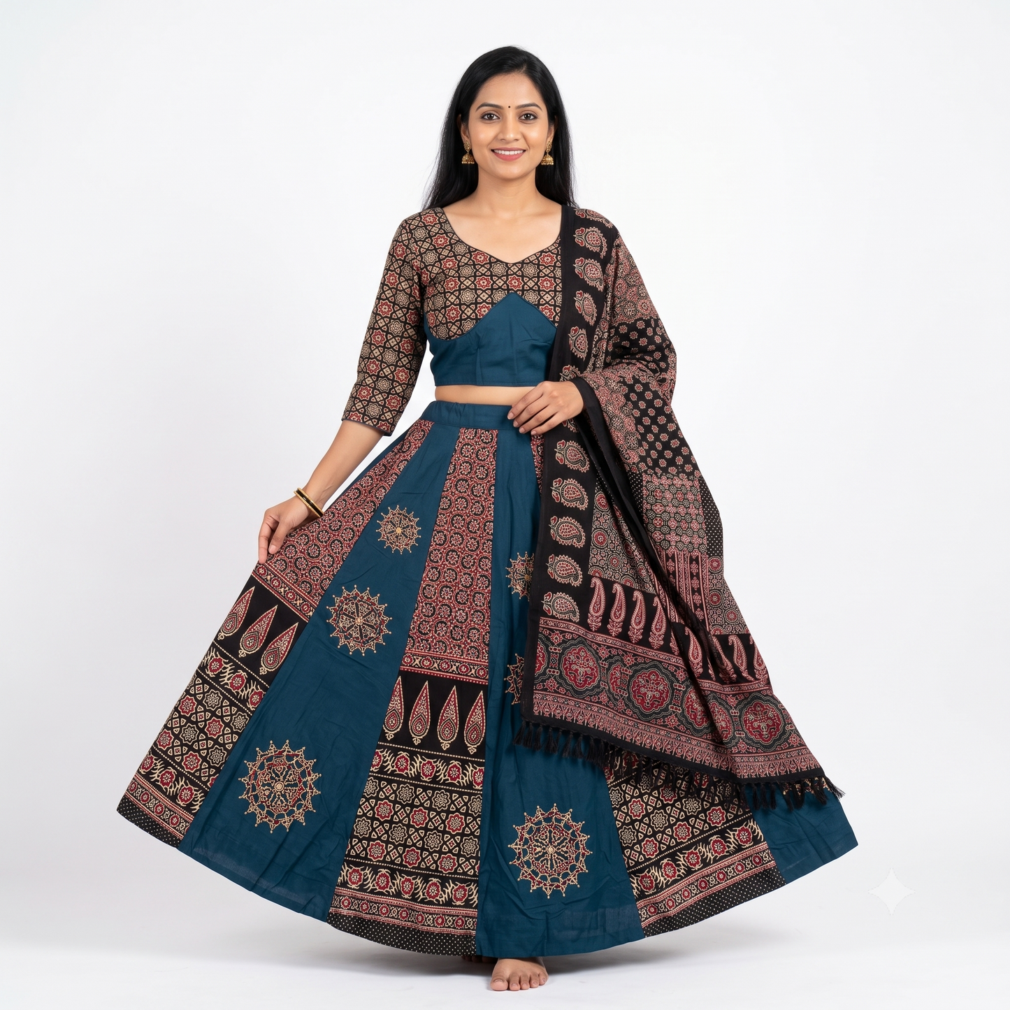 Ajrakh Chakar Pech Chaniya Choli Set with Printed Dupatta  Teal Blue & Black SKU CAC-CC-ACP-TBB-1-2