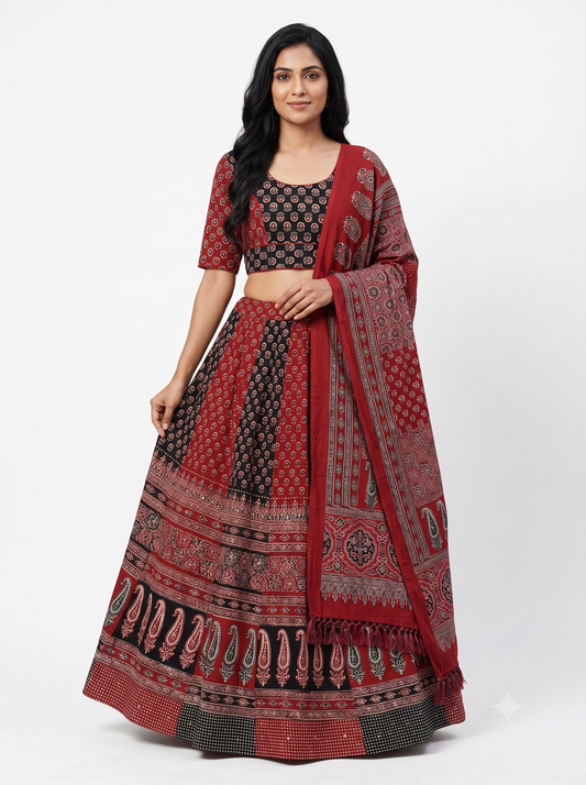 Maroon & Black Ajrakh Kali Chaniya Choli Set with Printed Dupatta SKU CAC-CC-AK-MB-3-1