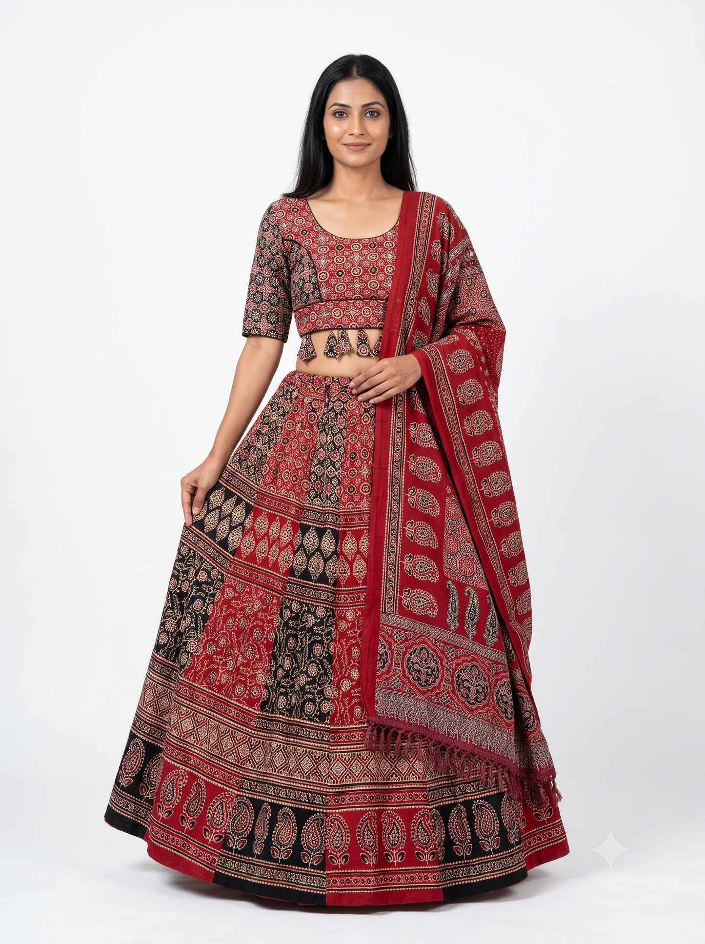 Maroon & Black Ajrakh Kali Chaniya Choli Set with Printed Dupatta SKU CAC-CC-AK-MB-3-2