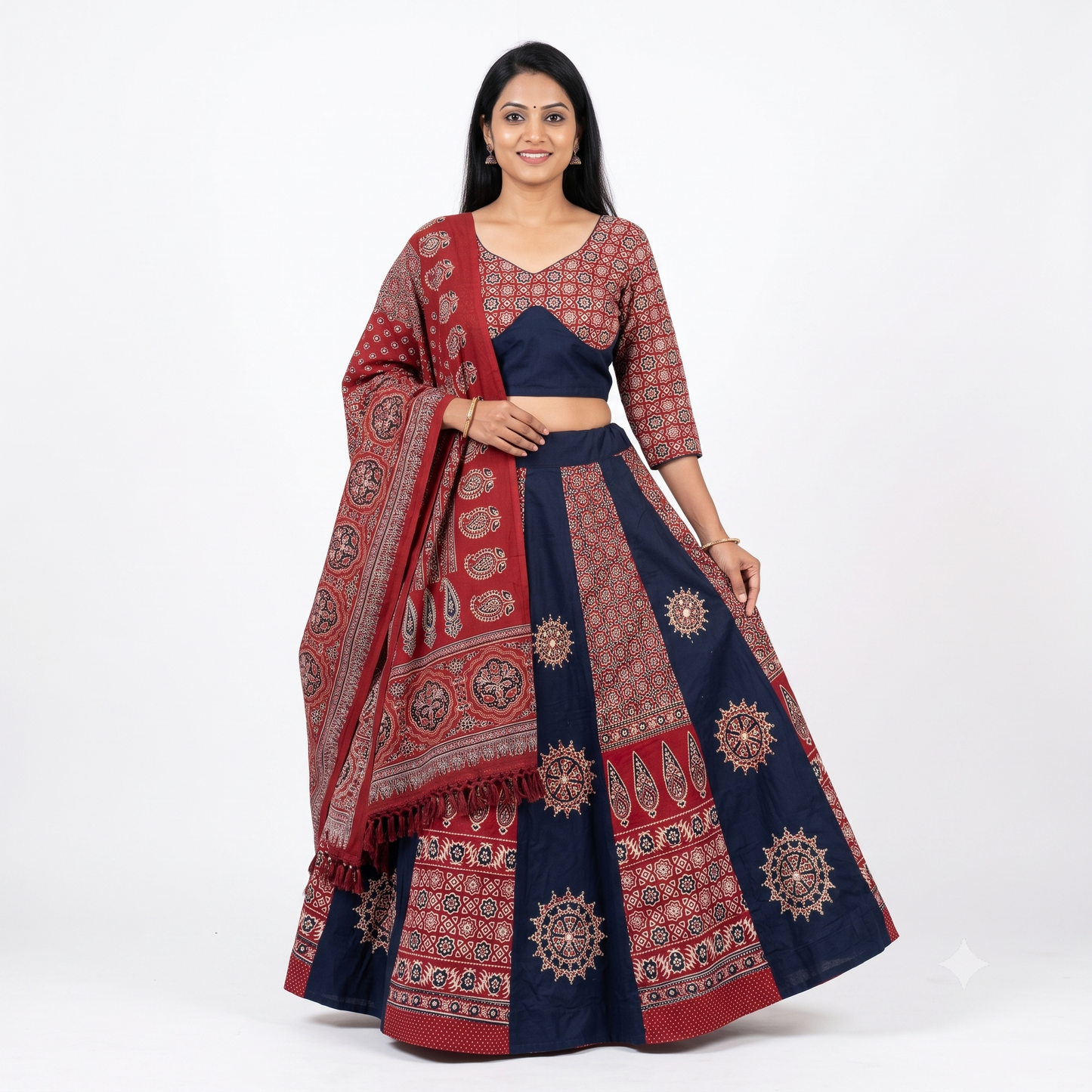 Ajrakh Chakar Pech Printed Chaniya Choli Set with Printed Dupatta  Navy Blue & Maroon SKU CAC-CC-ACP-NBM-1-1