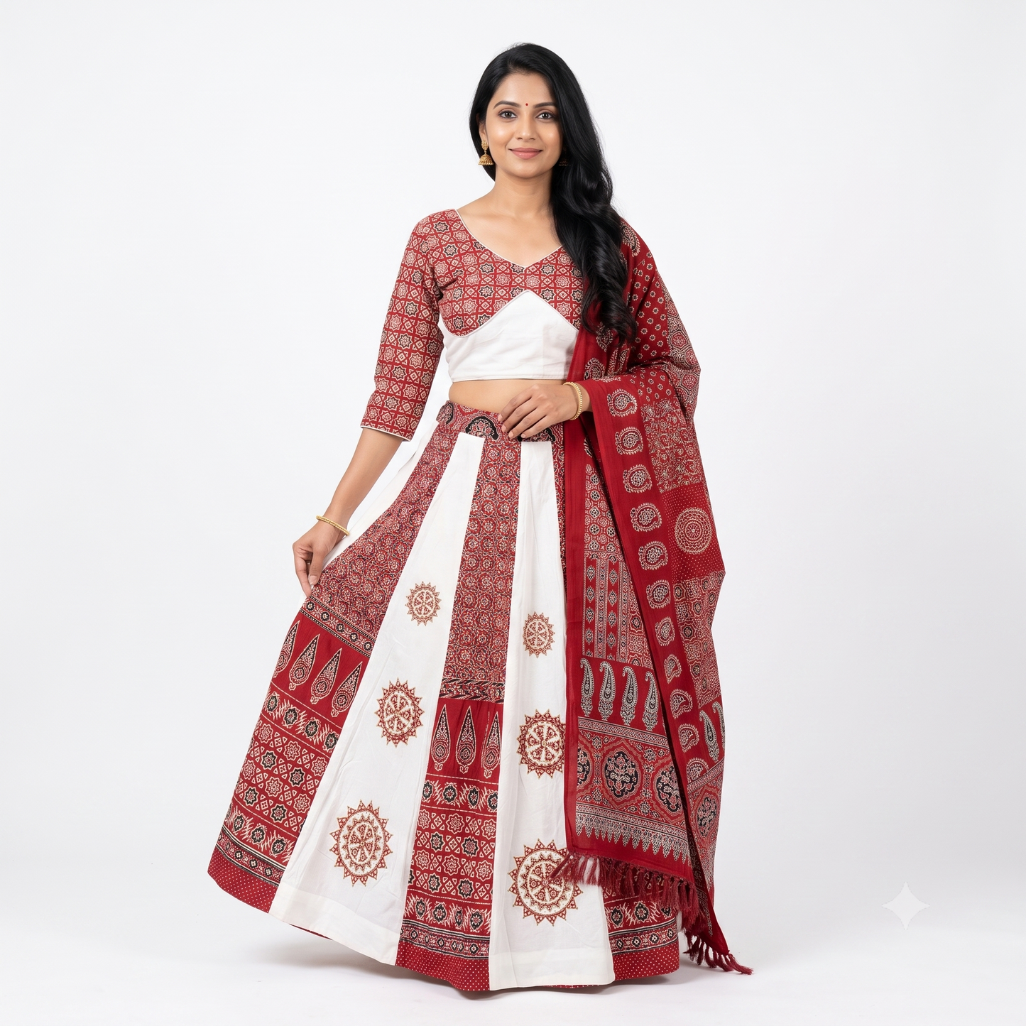 Ajrakh Chakar Pech Chaniya Choli Set with Printed Dupatta  White & Maroon SKU CAC-CC-ACP-WM-1-3