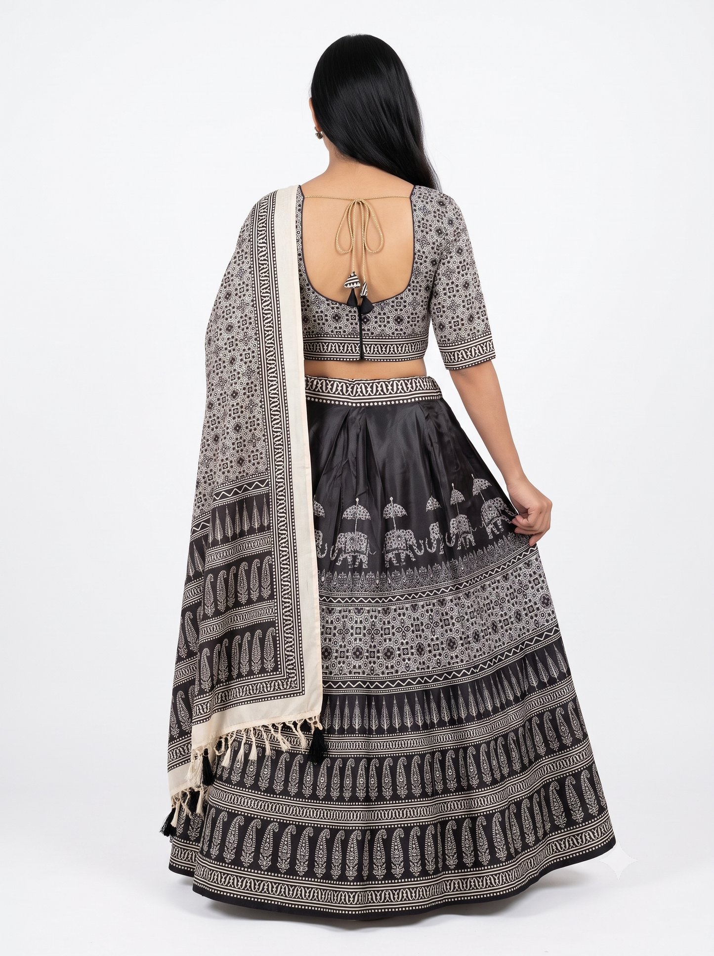 Black & White Printed Chaniya Choli with Elephant Motif Dupatta SKU CAC-CC-DP-BW-4-4