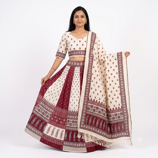 Ivory & Maroon Digital Print Chaniya Choli with Printed Dupatta SKU CAC-CC-DP-IM-4-2