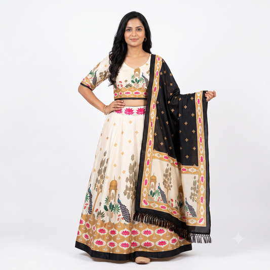 Ivory & Black Digital Print Chaniya Choli with Black Printed Dupatta SKU CAC-CC-DP-IB-4-7