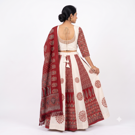 Ajrakh Chakar Pech Chaniya Choli Set with Printed Dupatta  White & Deep Maroon SKU CAC-CC-ACP-WDM-1-4