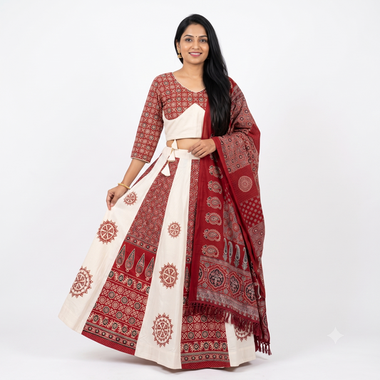 Ajrakh Chakar Pech Chaniya Choli Set with Printed Dupatta  White & Deep Maroon SKU CAC-CC-ACP-WDM-1-4