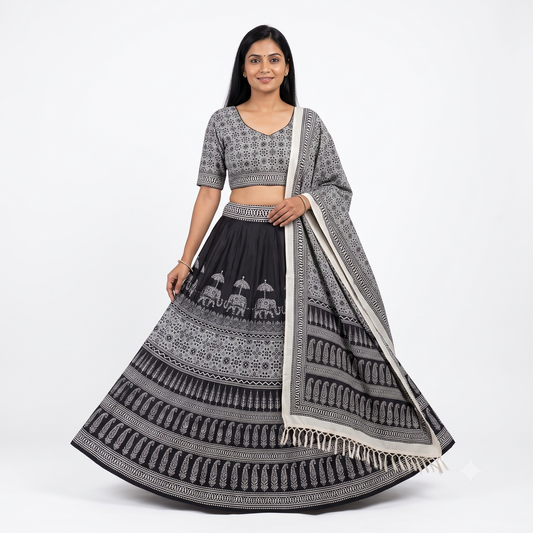 Black & White Printed Chaniya Choli with Elephant Motif Dupatta SKU CAC-CC-DP-BW-4-4