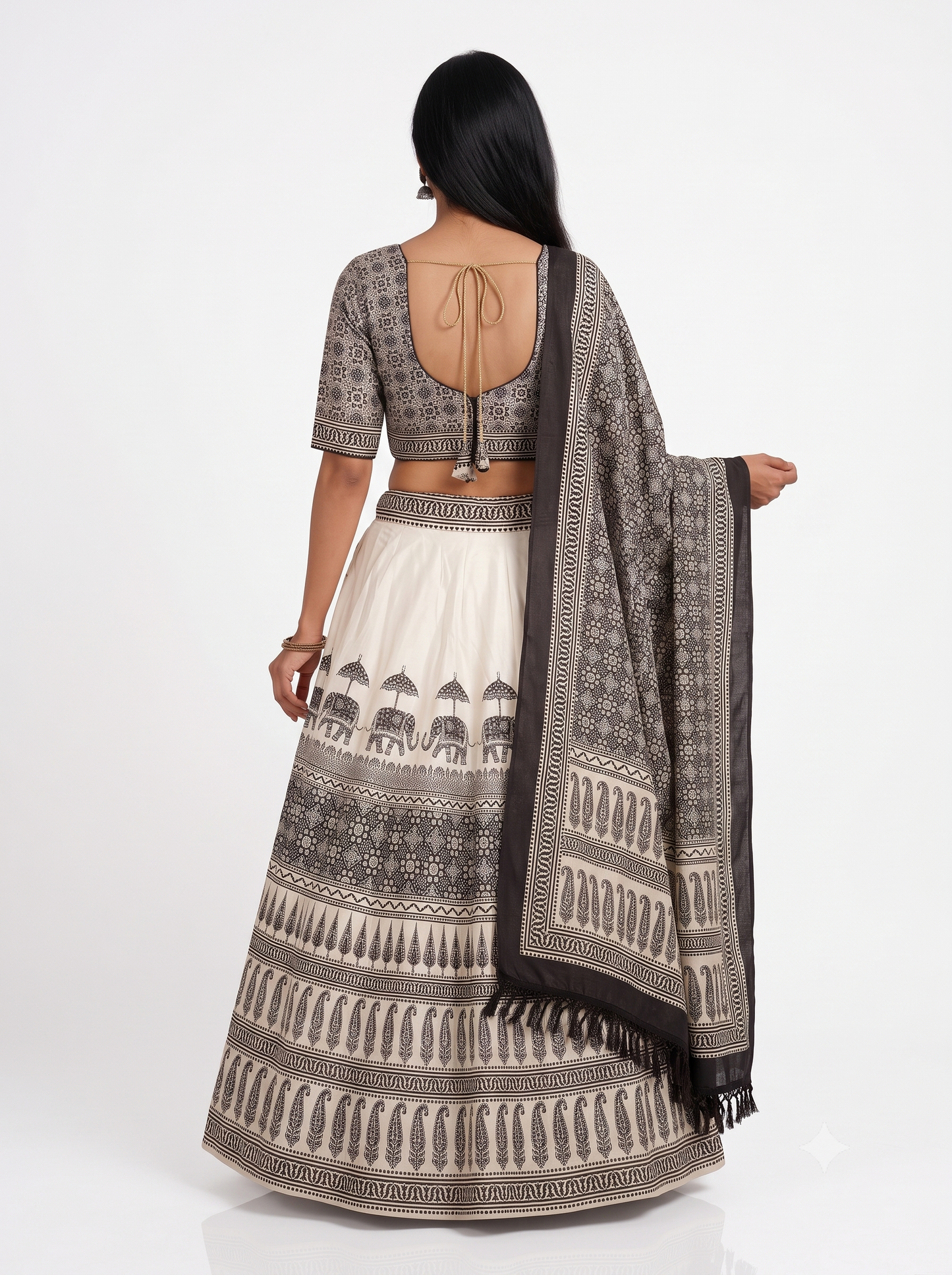 Ivory & Black Printed Chaniya Choli with Coordinated Printed Dupatta SKU CAC-CC-DP-IB-4-3