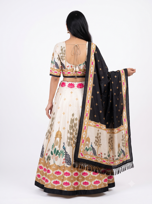 Ivory & Black Digital Print Chaniya Choli with Black Printed Dupatta SKU CAC-CC-DP-IB-4-7