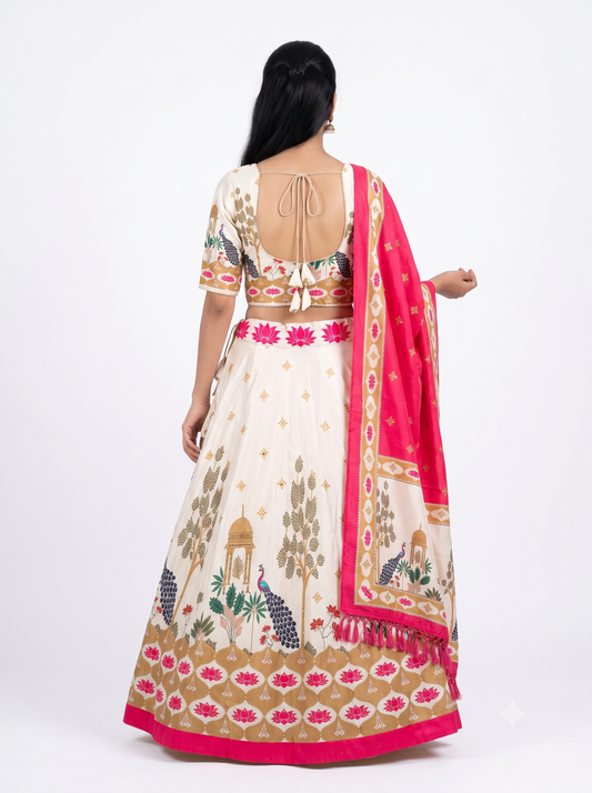 Ivory & Pink Digital Print Chaniya Choli with Bright Pink Printed Dupatta SKU CAC-CC-DP-IP-4-6