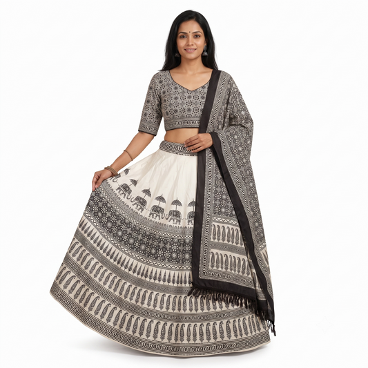 Ivory & Black Printed Chaniya Choli with Coordinated Printed Dupatta SKU CAC-CC-DP-IB-4-3