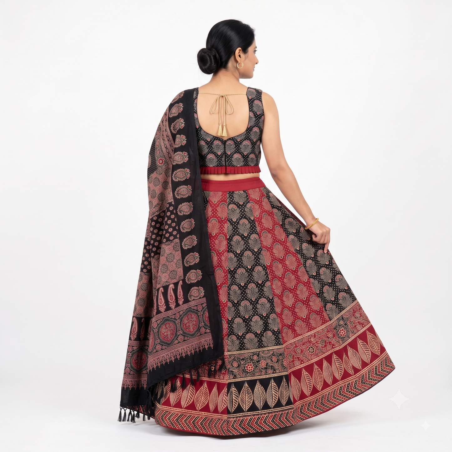Maroon & Black Ajrakh Kali Chaniya Choli Set with Printed Dupatta SKU CAC-CC-AK-MB-3-3