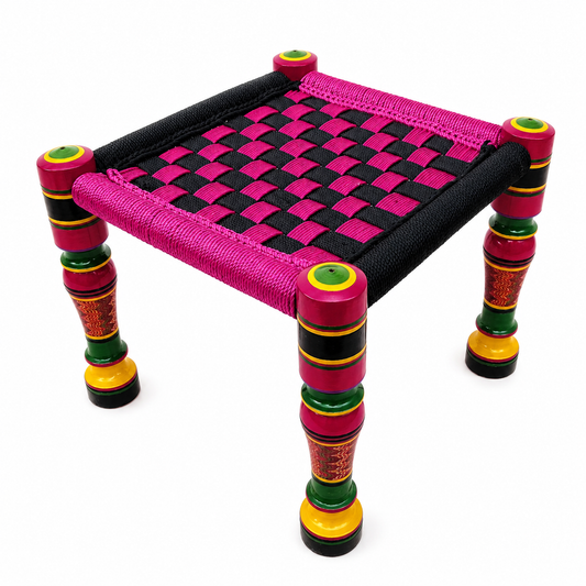 Handcrafted Multicolor Lacquer Art Wooden Sitting Stool with Woven Seat(Piece 1) SKU - CAC-LA-WSS-1