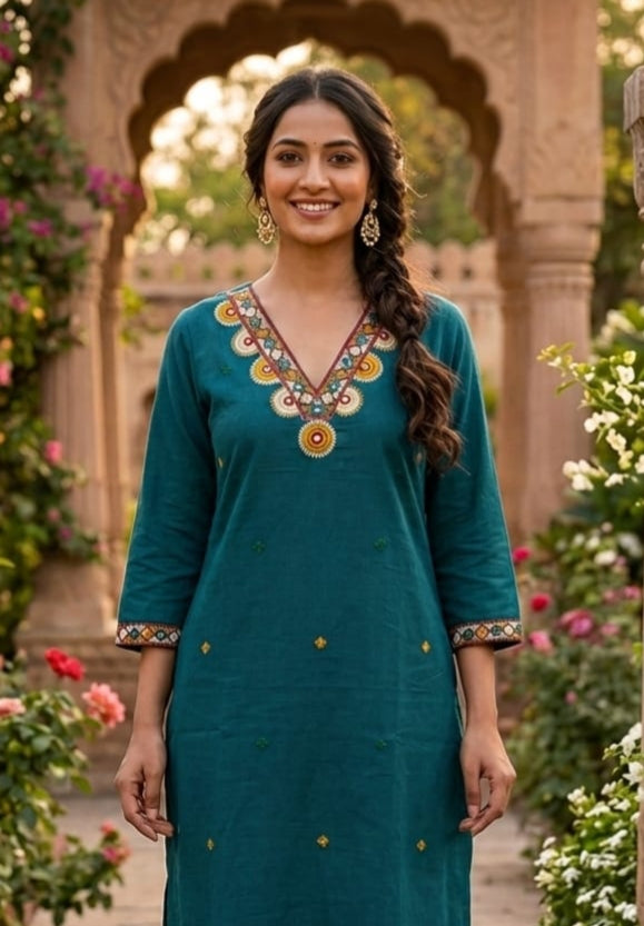 Kurti Long Cotton Slub Work SKU - CAC-KL-CSW-B-1084