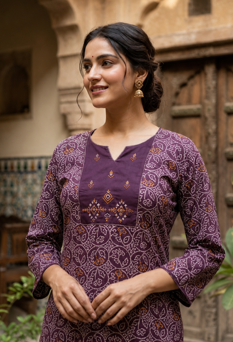 Purple Bandhani Modal Short Kurti for Women CAC-KS-BM-P-142