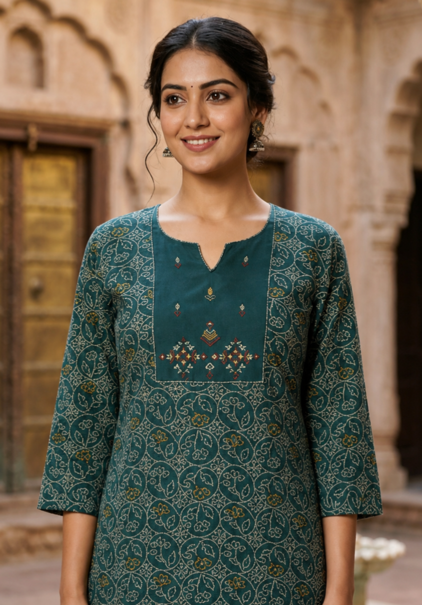 Green Bandhani Modal Short Kurti for Women CAC-KS-BM-G-142