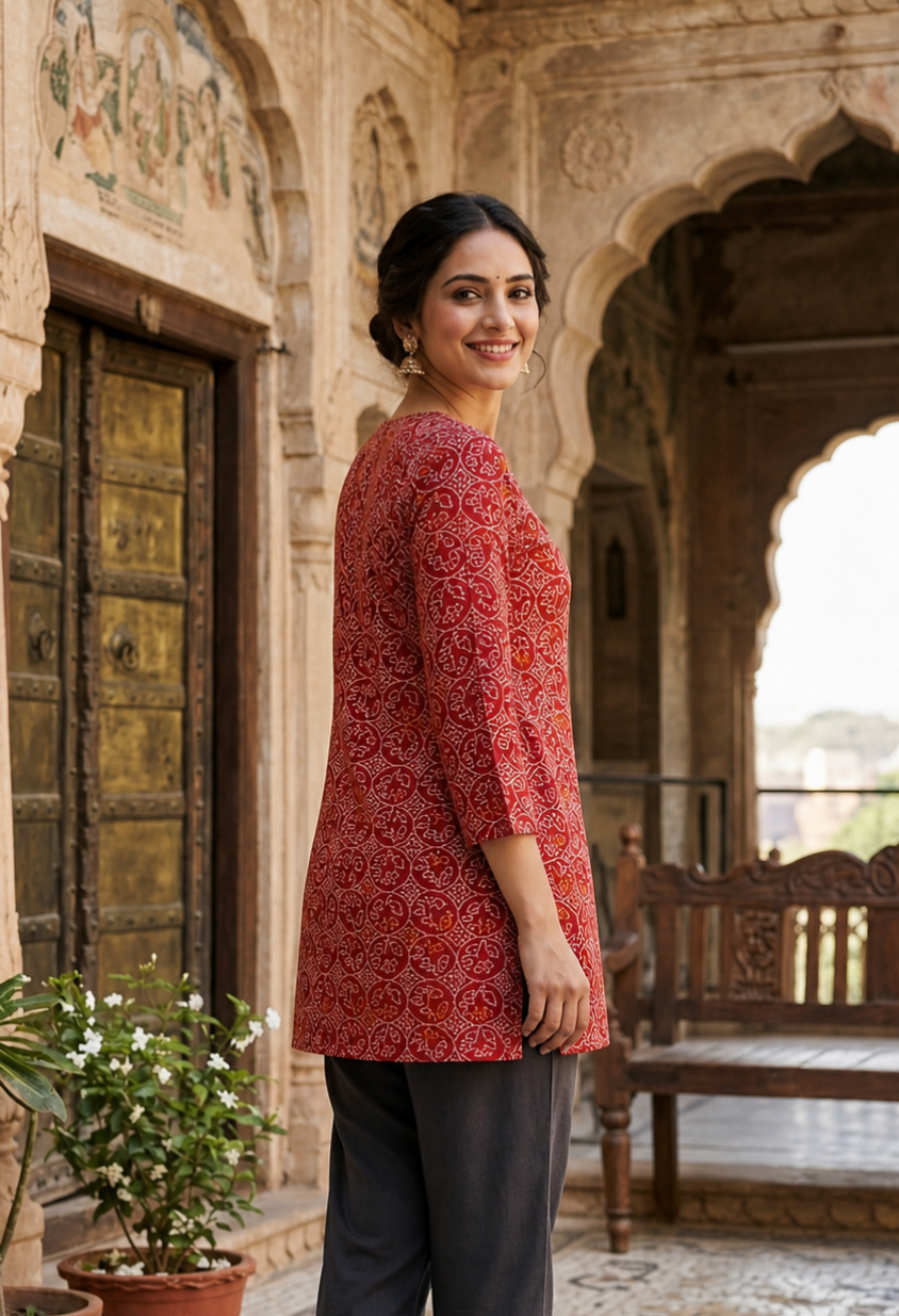 Rust Red Bandhani Modal Short Kurti for Women CAC-KS-BM-R-142