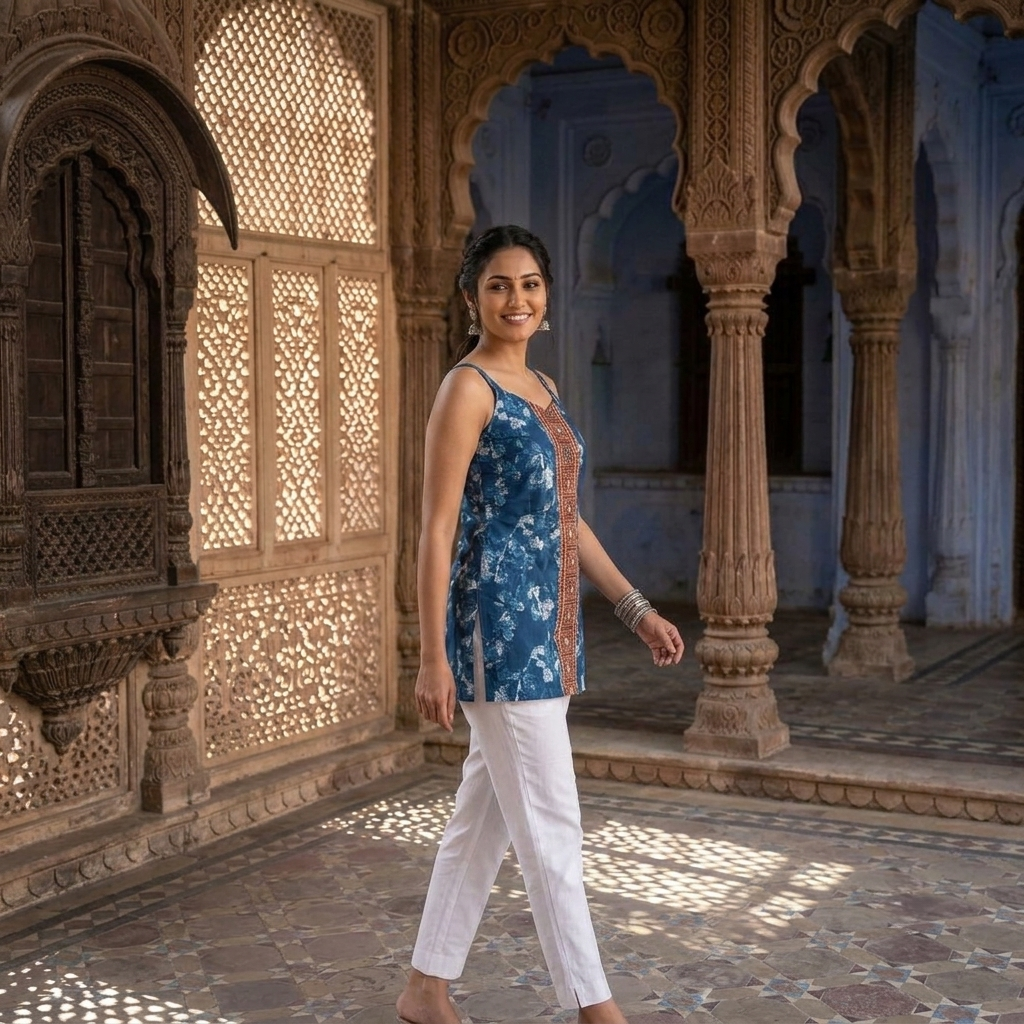 Blue Printed Spaghetti Strap Short Kurti for Women CAC-KS-SB-171