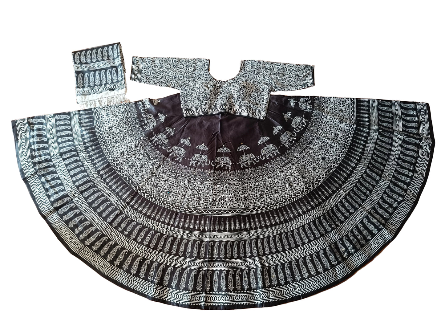 Black & White Printed Chaniya Choli with Elephant Motif Dupatta SKU CAC-CC-DP-BW-4-4