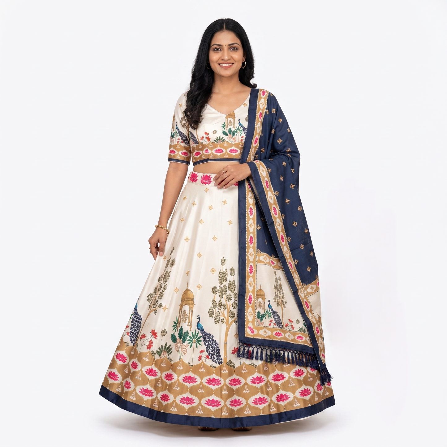 Ivory & Navy Digital Print Chaniya Choli with Printed Dupatta SKU CAC-CC-DP-IN-4-5