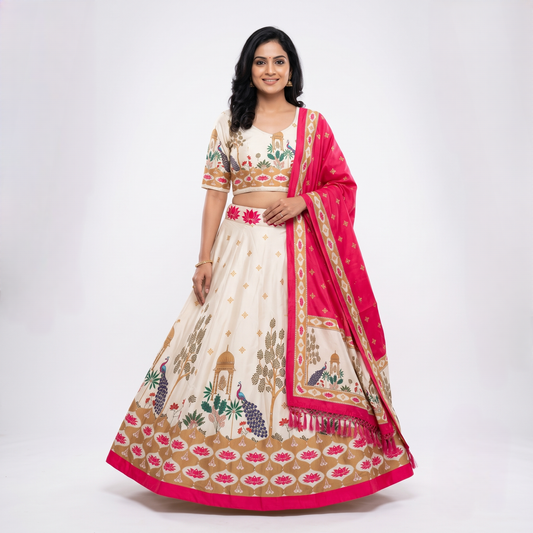 Ivory & Pink Digital Print Chaniya Choli with Bright Pink Printed Dupatta SKU CAC-CC-DP-IP-4-6