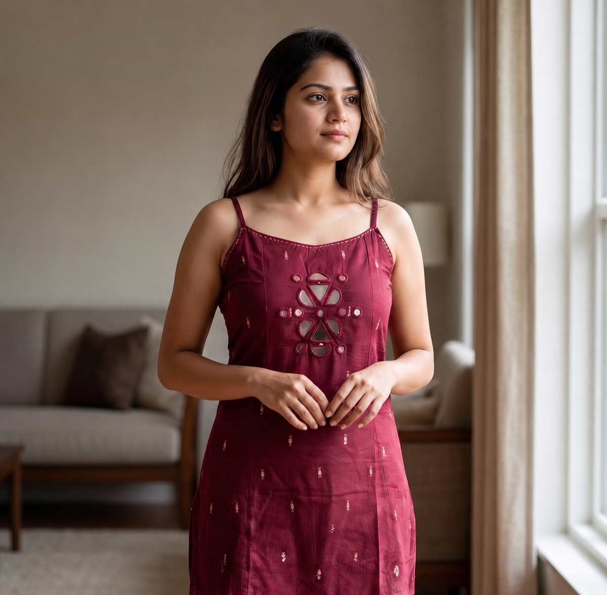 Maroon Cotton Sleeveless 2-Piece Co-ord Set with Matching Straight Pants SKU CAC-K2P-SL-M-1